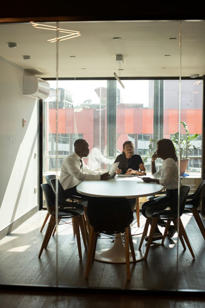 Business professionals in a modern office meeting room collaborating on projects.